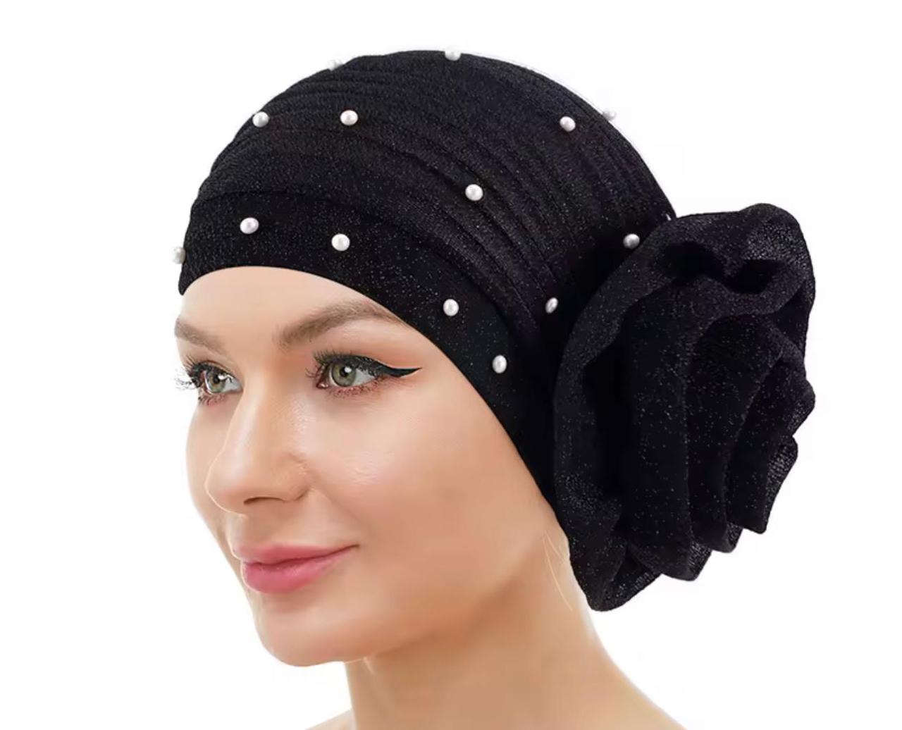 Pearled Turban Hijab - Black